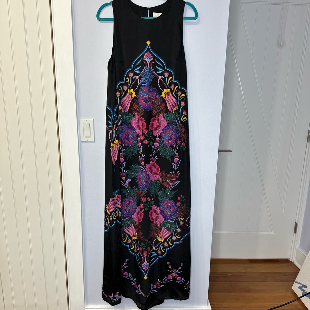 Johnny Was Black Maxi Dress with Pink Purple Blue Floral Panel